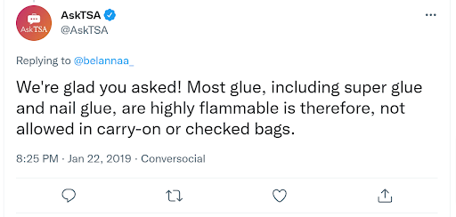 You can check which glue types you can bring directly to the TSA’s Twitter account.