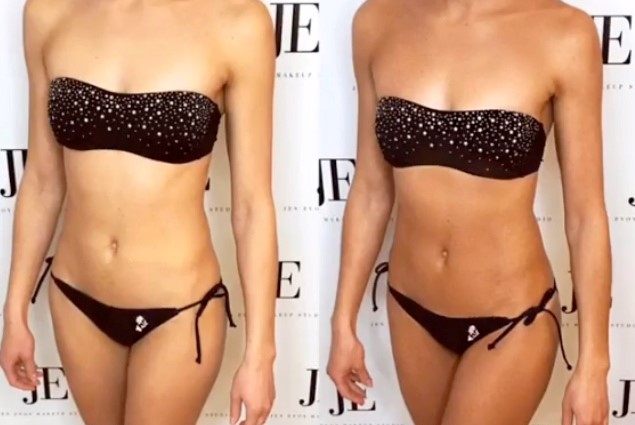An example of before and after spray tanning.